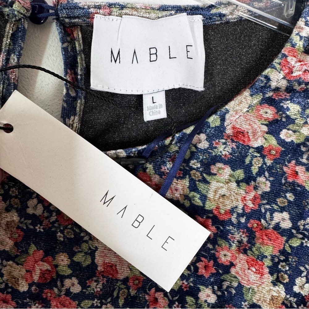 NWT Mable Leighton Floral Velvet Puff Sleeve Midi Dress Navy Size L - Picture 7 of 11